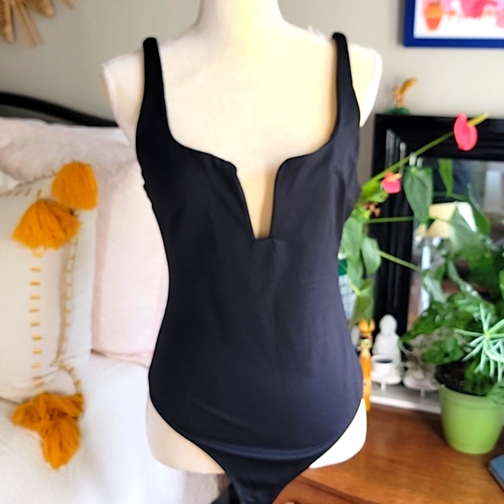 Black bodysuit with plunging wire detail